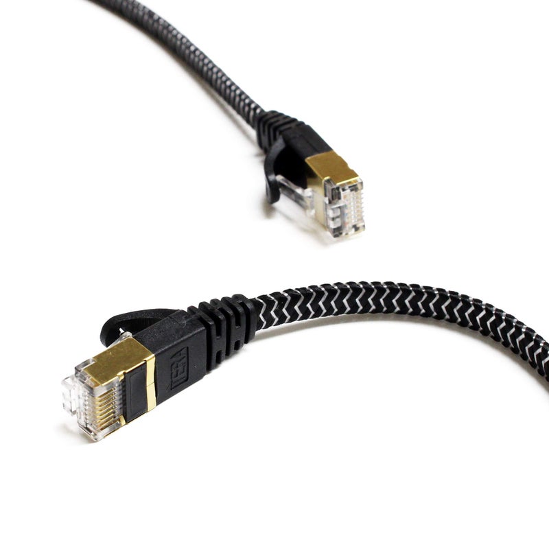 Tera Grand - 50FT - CAT7 10 Gigabit Ethernet Ultra Flat Patch Cable for Modem Router LAN Network - Braided Jacket, Gold Plated Shielded RJ45 Connectors, Faster Than CAT6a CAT6 CAT5e, Black & White - Image 4